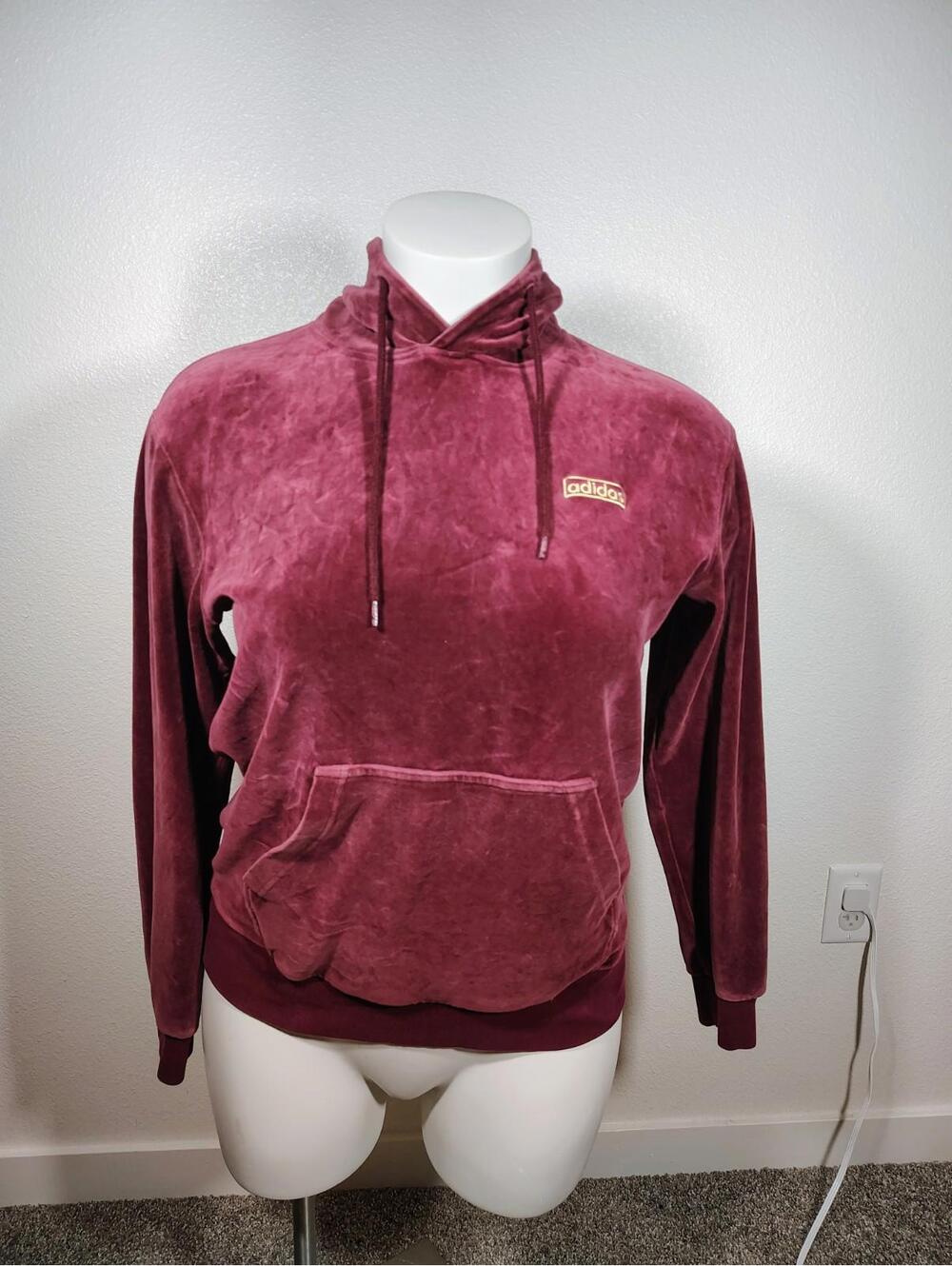 Adidas Velvet Hoodie Sz M Maroon Purple  Embroidery Activewear Zipper Y2k Unisex - Picture 2 of 9